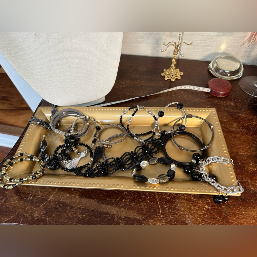 Large group of black silver and gray tonal bracelets
